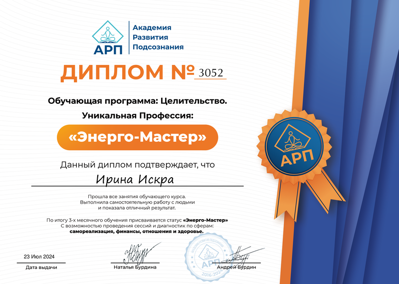 Диплом Ирины Искры по программе Энерго-Мастер